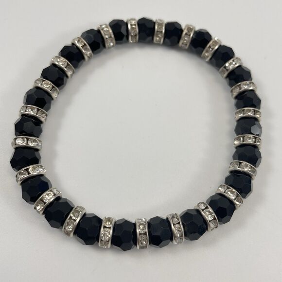Black Glass Beaded Rhinestone Spacer Stretch Bracelet Boho Fashion Statement - Picture 5 of 6